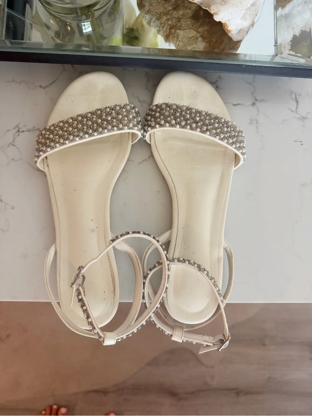 Pearl-Embellished Cream Satin Women's Sandals with Ankle Strap